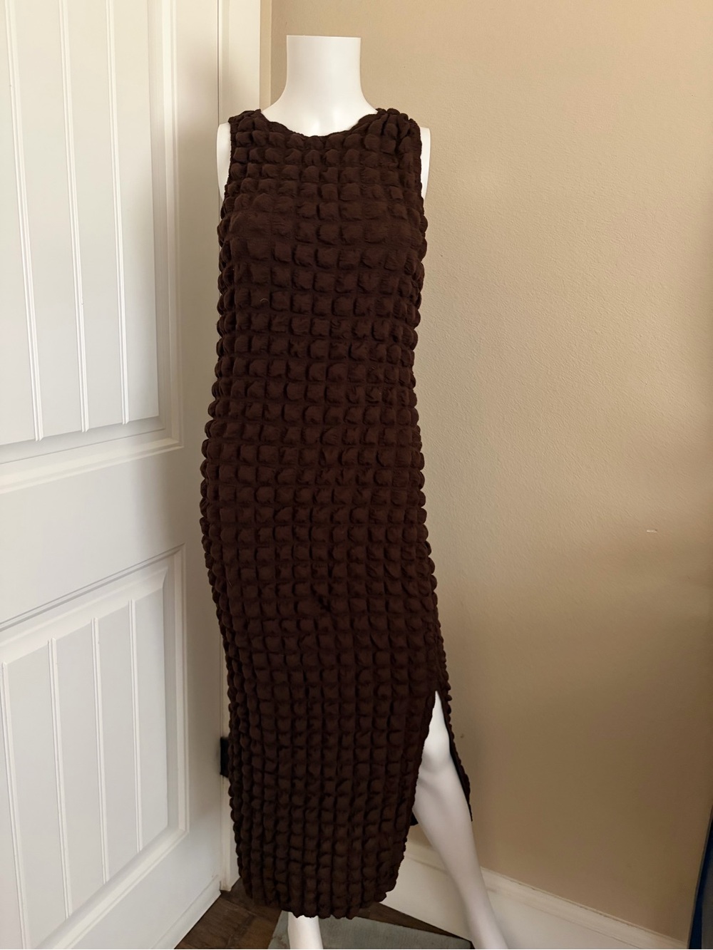 Sleeveless Bubble Textured Maxi Dress in Dark Brown with Slits